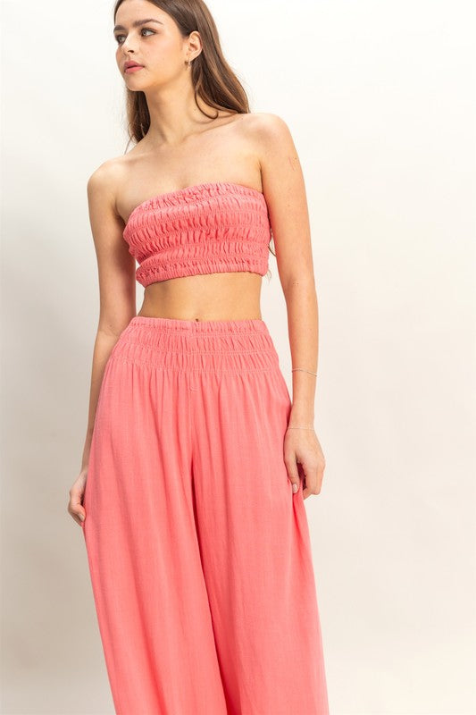 Smocked Top with Wide Leg Pants Two Piece Set-Coral