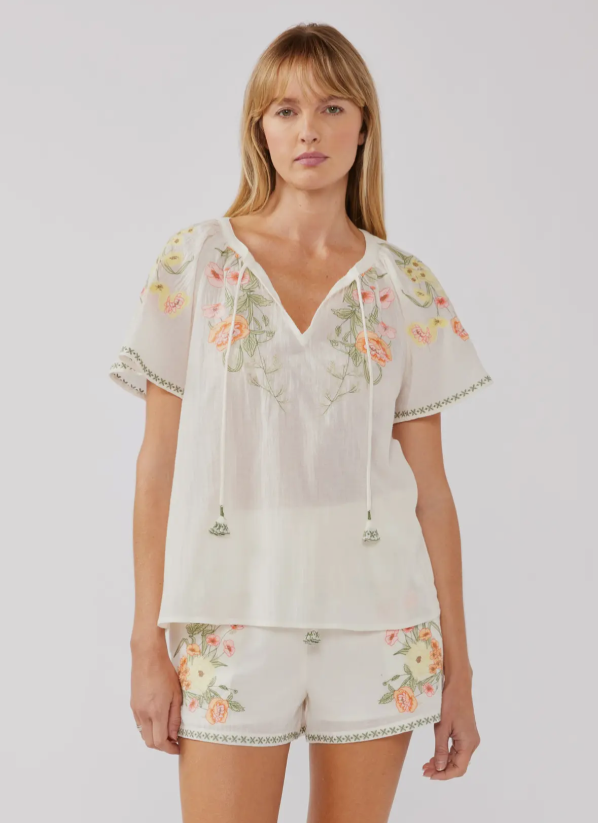 Island Time Embroidered Cotton Floral Shorts Set
