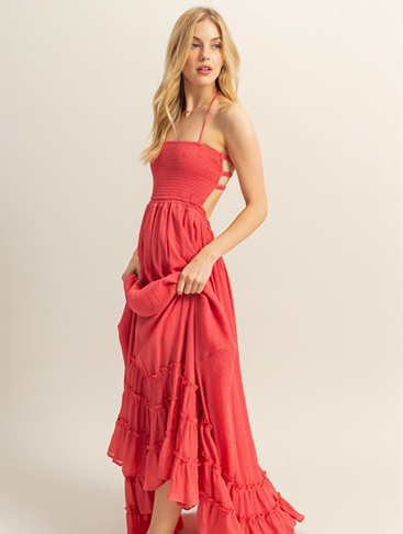 Paradise Smocked Maxi Dress-Deep Coral
