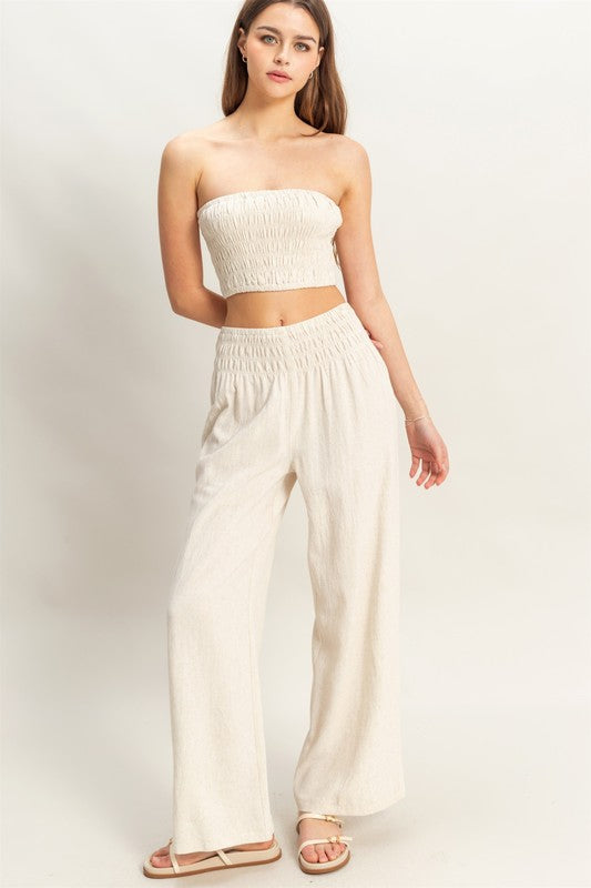 Smocked Top with Wide Leg Pants Two Piece Set-Oatmeal