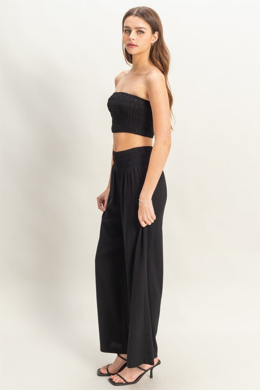 Smocked Top with Wide Leg Pants Two Piece Set-Black