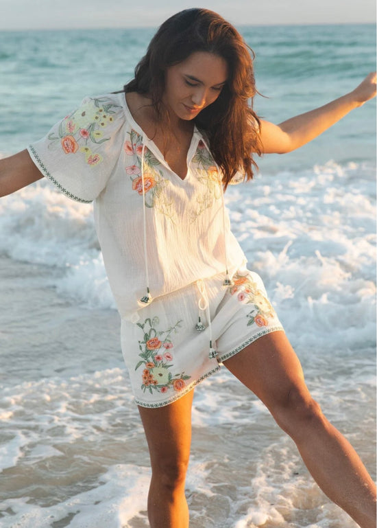 Island Time Embroidered Cotton Floral Shorts Set