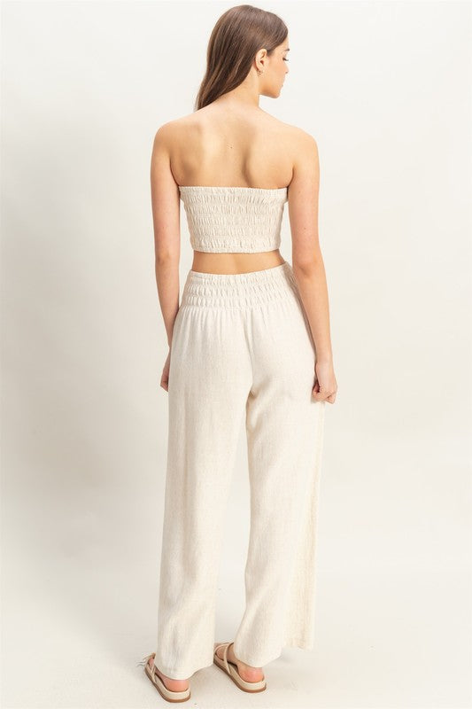 Smocked Top with Wide Leg Pants Two Piece Set-Oatmeal