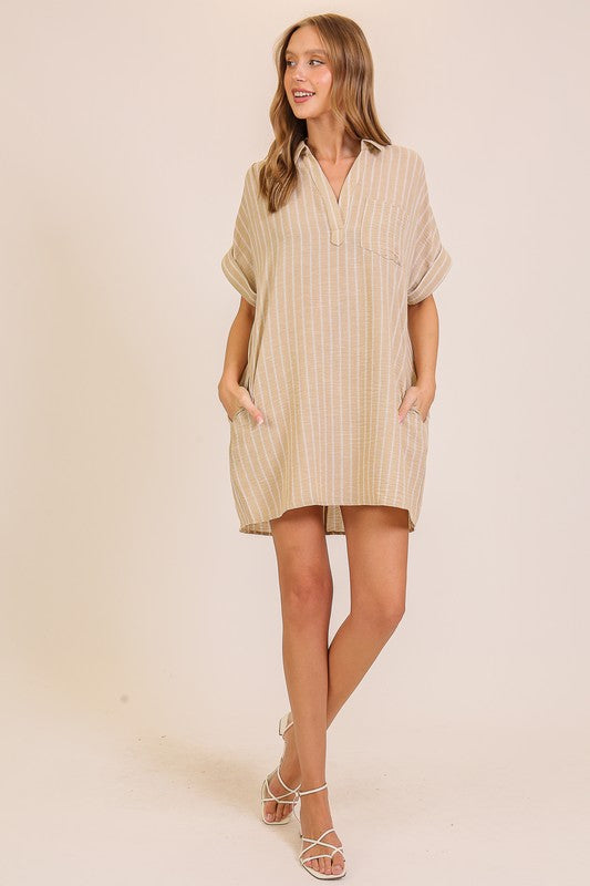 Coast to Coast Striped Short Shirt Dress-Suntan