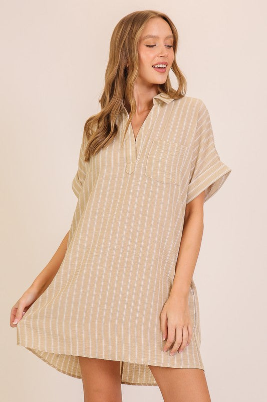 Coast to Coast Striped Short Shirt Dress-Suntan
