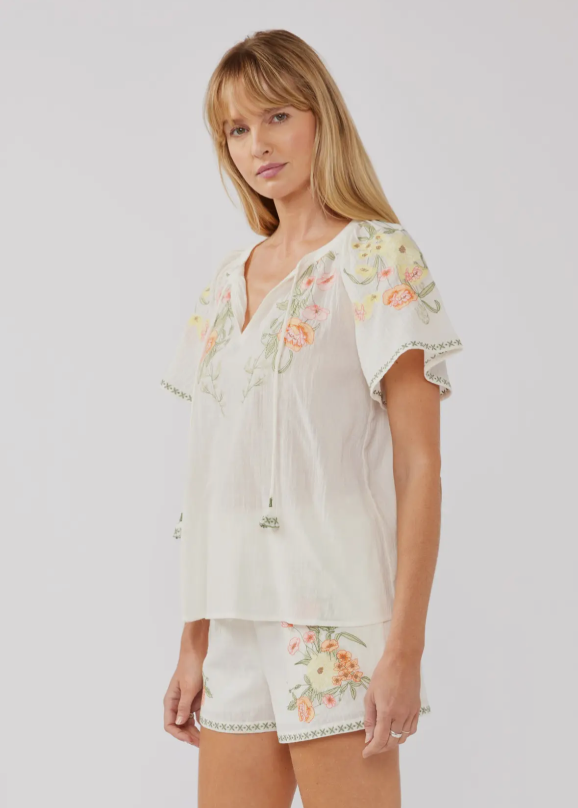 Island Time Embroidered Cotton Floral Shorts Set