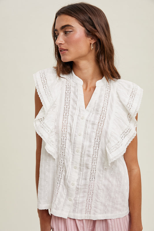 White Eyelet Ruffle Sleeve Top